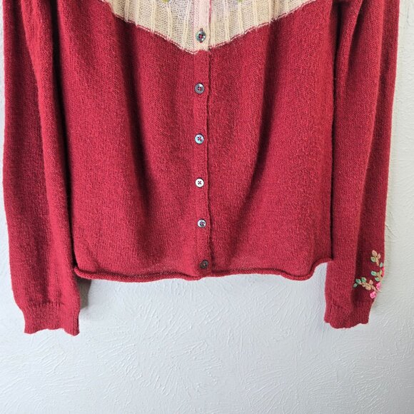 Sundace Floral Embroidered Cardigan M Burgundy Mohair Wool Boho Artsy Sweater - Picture 4 of 11
